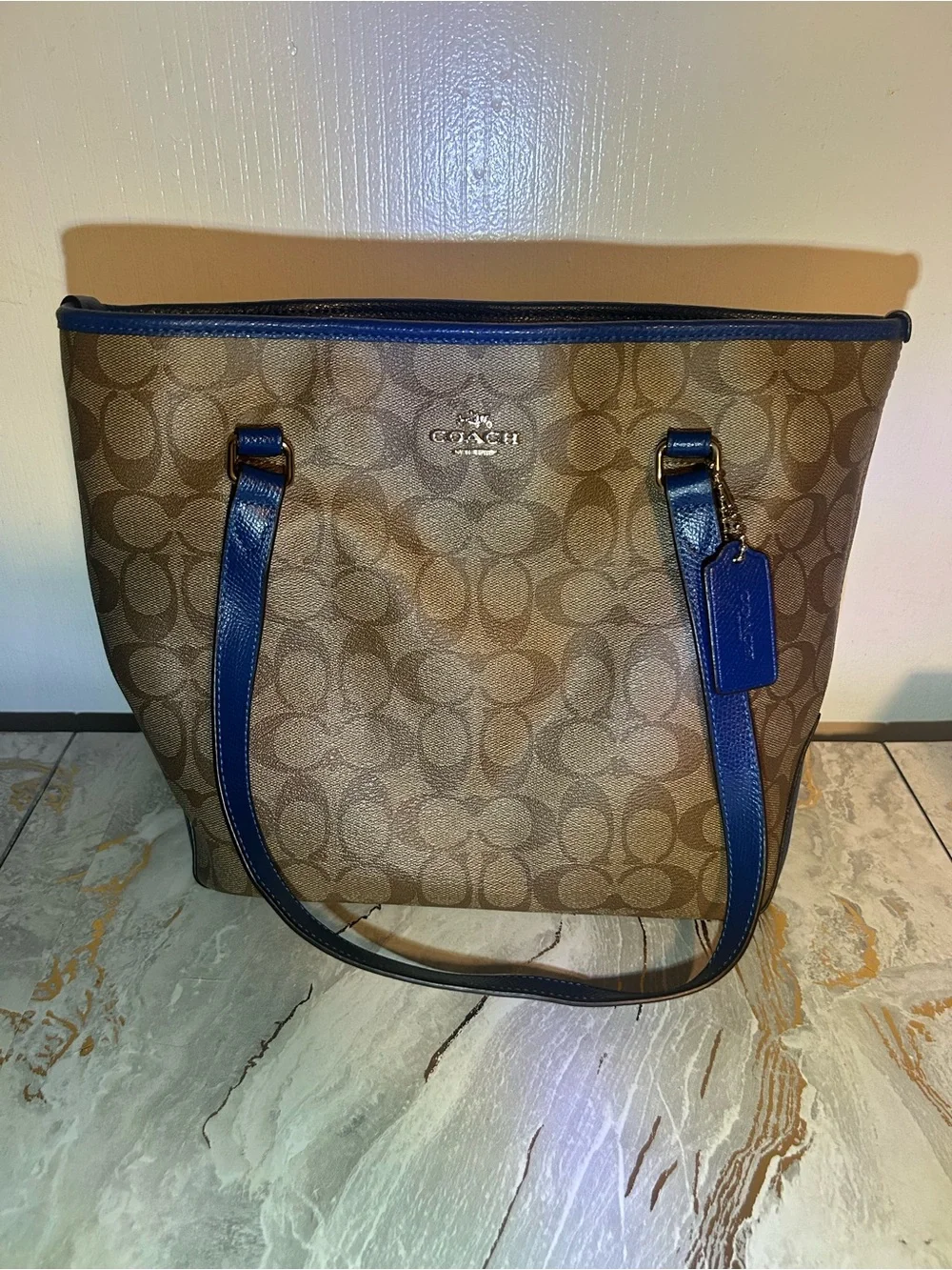 Coach Signature Canvas Zip Top Brown Blue Tote